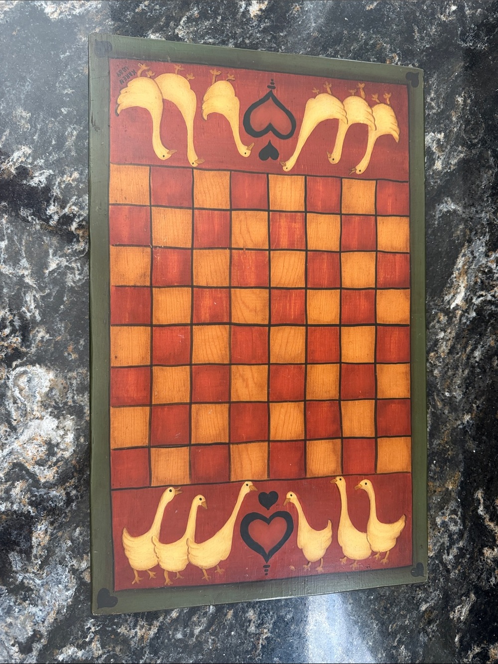 Vintage Hand-Painted Goose Checkerboard Game Board /charcuterie board
